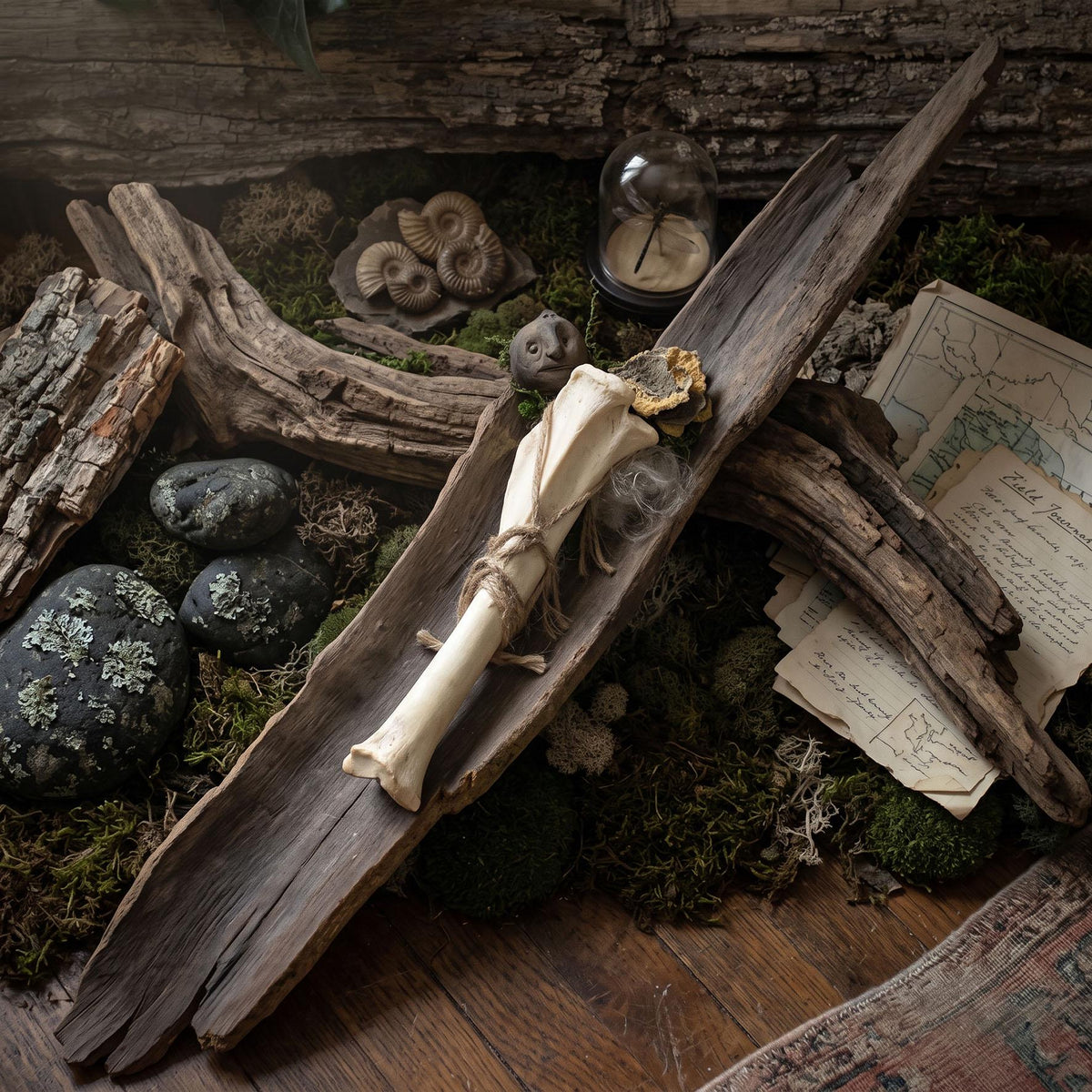 Waldwesen Skulptur mit Echtem Knochen & Baumpilz | Treibholz Kunstobjekt mit Keramikkopf | Schamanischer Altar Wächter SKU323
