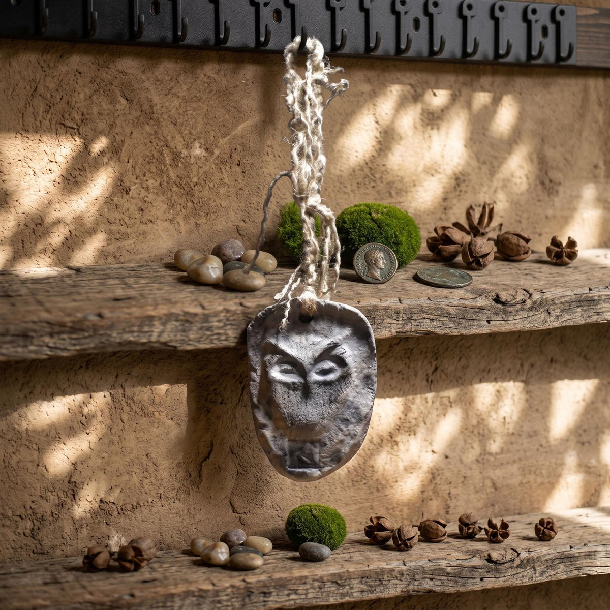 Wanddeko Krafttier Eule Rune Kenaz Keramik Wandbehang Ton Tafel Weisheit Klarheit Altar Deko Ritual Talisman Unikat HEX047