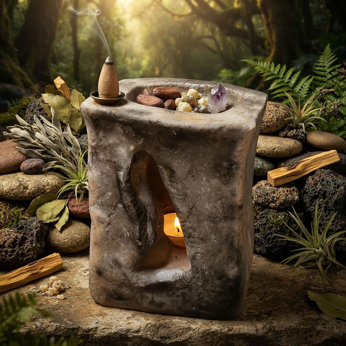 Rückfluss Räucherhalter Portal & Teelichthalter | Keramik Räucherschale Harze Rauchbrand | Altar Deko 1,6kg, 13x10cm RÄH082