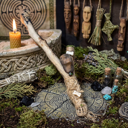 Ritualstab Schamane Gesicht Astgabel Keramik Schamanischer Stab Holz Tonknochen Altar Unikat RST052