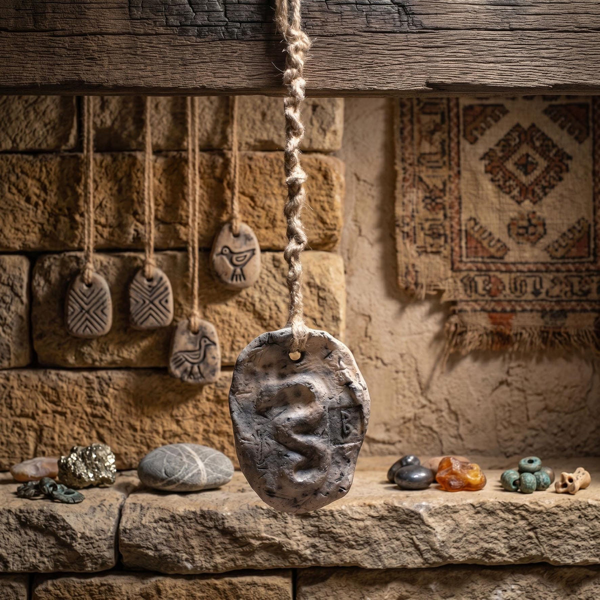 Wanddeko Krafttier Schlange Rune Berkana Keramik Wandbehang Ton Amulett Heilung Erneuerung Altar Deko Ritual Unikat HEX045