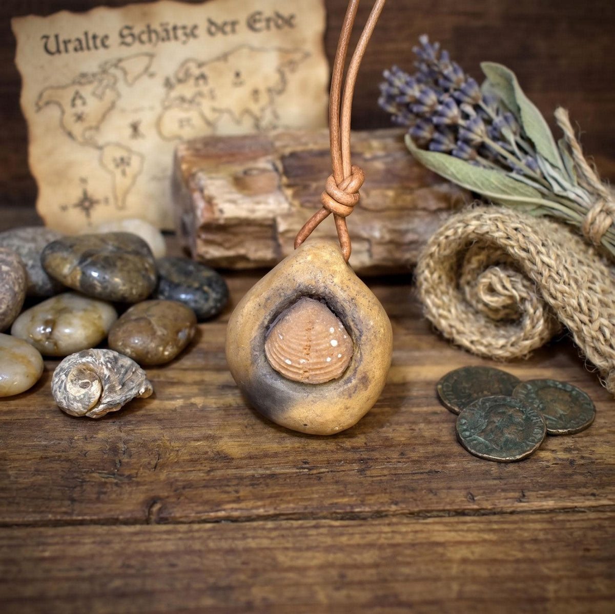 Fossil Amulett Ton Brachiopode Kette Lederband Anhänger Keramik Urzeit Talisman Schutzstein Altar Ritual Schmuck Unikat AMU101