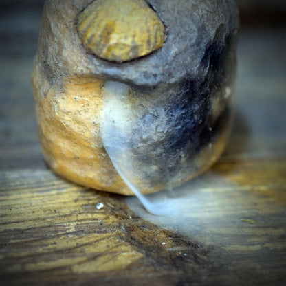Rückfluss Räucherkegelhalter mit Fossil, Brachiopode & Ammonit, Meditationsstein für Räucherwerk, Backflow Räuchergefäß handgefertigt RÄH085