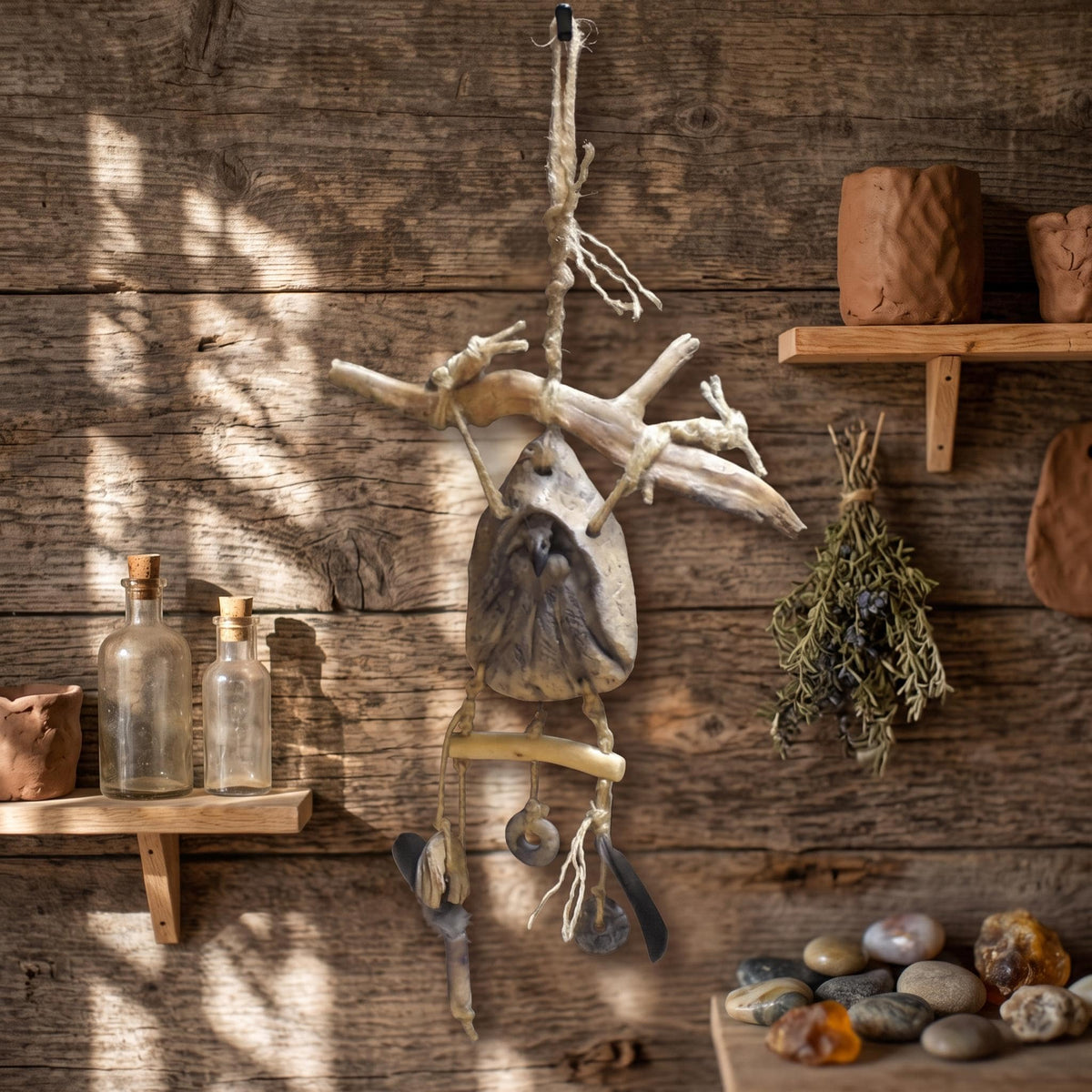 Wanddeko Morrigan, Altar Wandbehang Krähe Rabe, Schamanischer Wandschmuck Treibholz Keramik, Heidnisches Ritual Unikat Handarbeit HEX049
