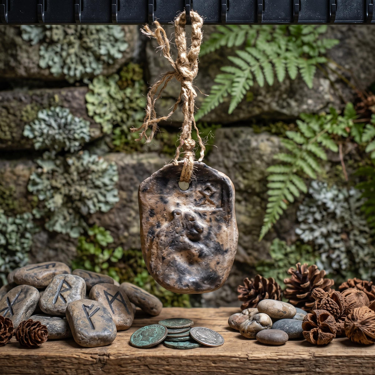 Wanddeko Krafttier Bär, Rune Othala Altar Wandbehang, Schamanische Keramik Wandkunst, Wikinger Schutzamulett Unikat Handarbeit HEX050
