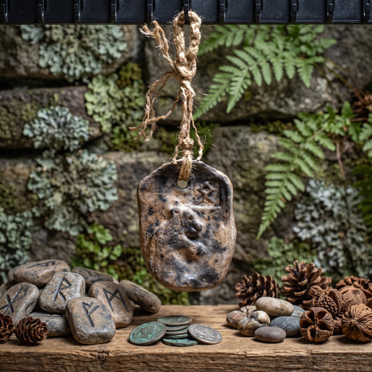 Wanddeko Krafttier Bär, Rune Othala Altar Wandbehang, Schamanische Keramik Wandkunst, Wikinger Schutzamulett Unikat Handarbeit HEX050