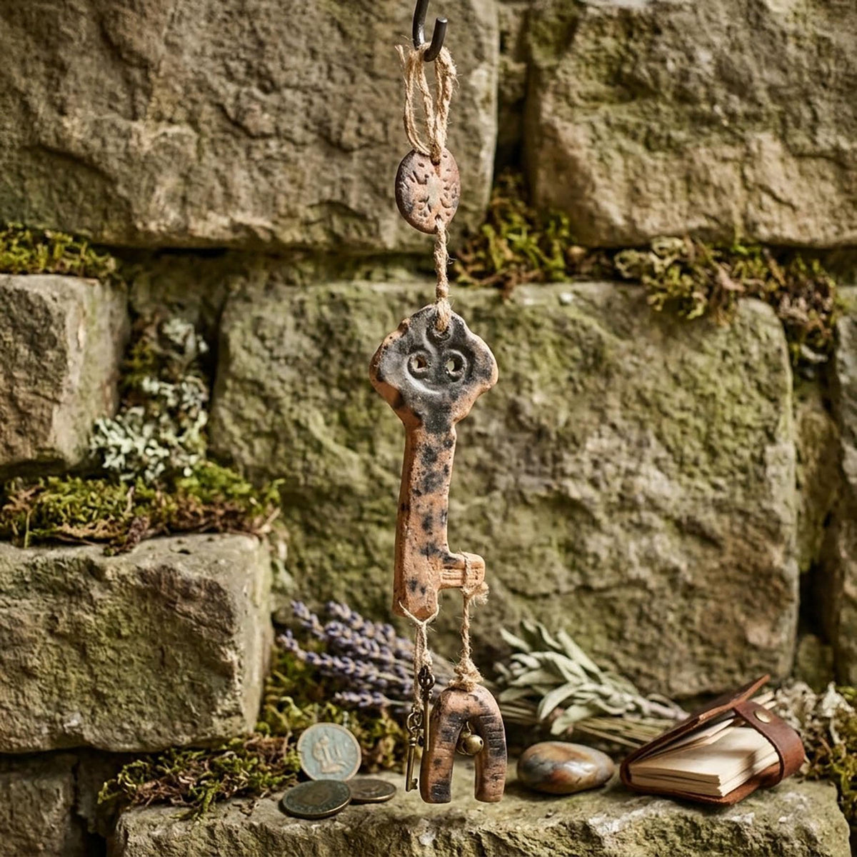 Holdas Schlüssel Wanddeko Keramik Frau Holle Wandbehang Tor Glöckchen Altar Rauhnächte Schutz HEX057