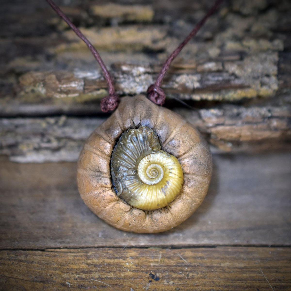 Ammonit Amulett Keramik Kette Fossil Talisman Echter Ammonit Glücksbringer Archaischer Halsschmuck AMU104