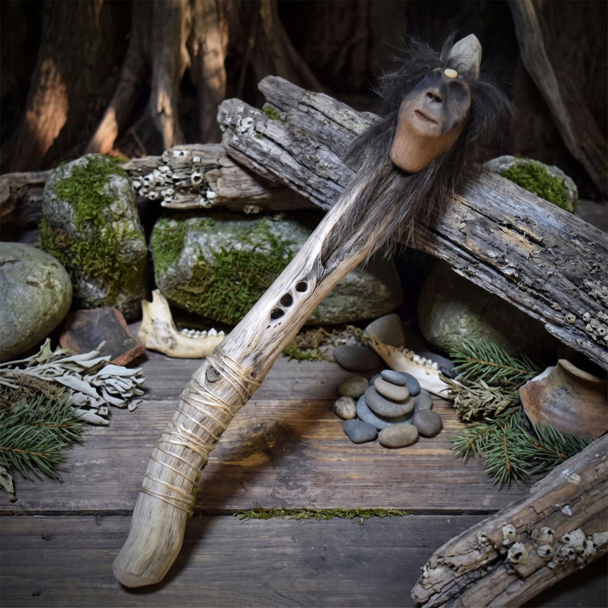 Ritualstab Drittes Auge Schamane Astholz Keramik Stab Wolle Altar Zeremonie Naturspiritualität RST053