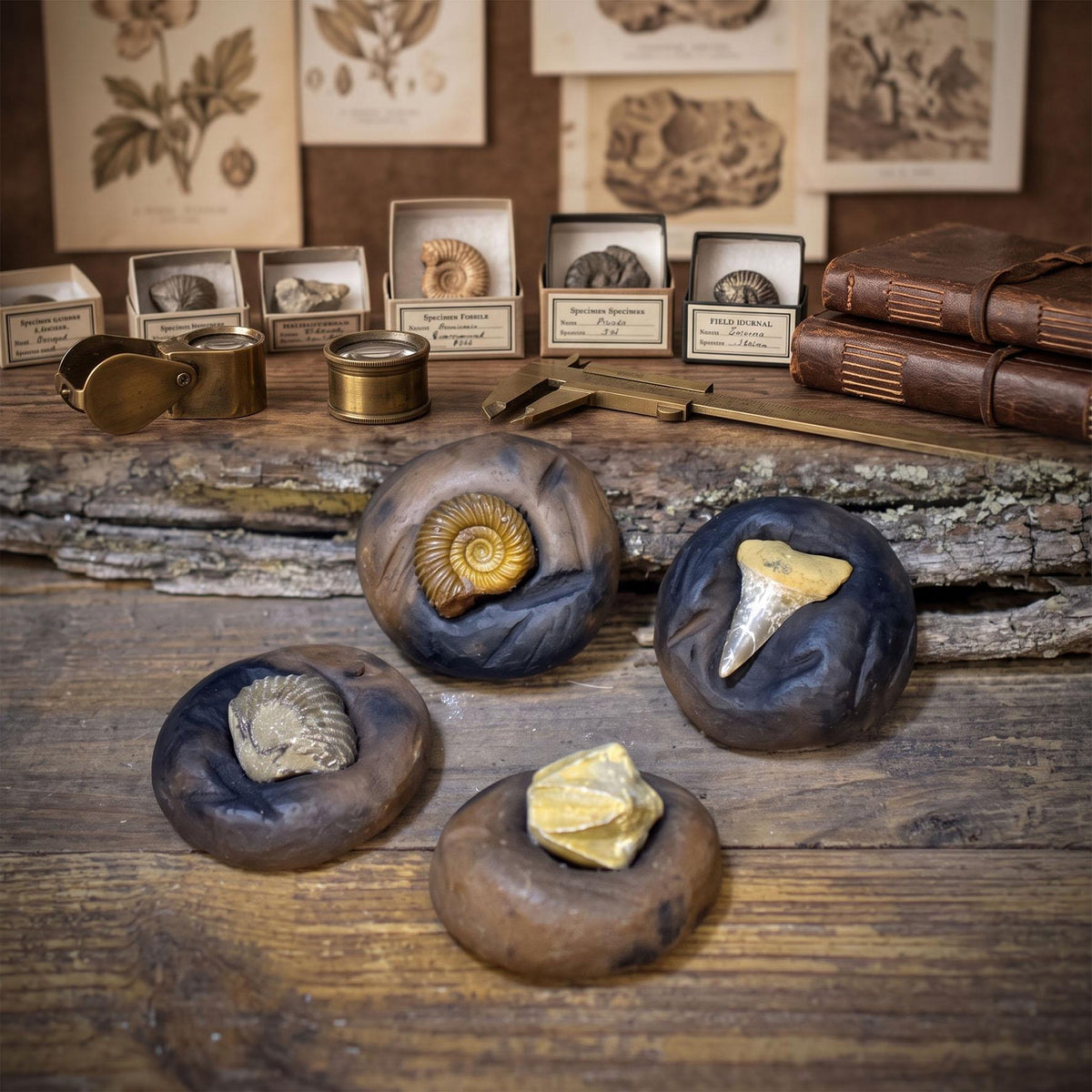 Fossilien Magnete 4er Set mit Ammonit, Haizahn, Brachiopode und Seelilie, handgeformte Keramik, Unikate FKM001