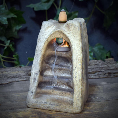 Backflow Räucherkegelhalter Turm aus Keramik, Teelichthalter Tor mit Treppe, Wasserfall Räuchergefäß, Unikat RÄH089