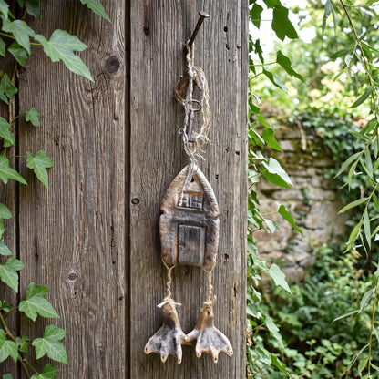 Baba Yaga Haus Wanddeko aus Keramik, Hexenhaus auf Hühnerbeinen mit Schlüssel, archaischer Talisman Unikat HEX059