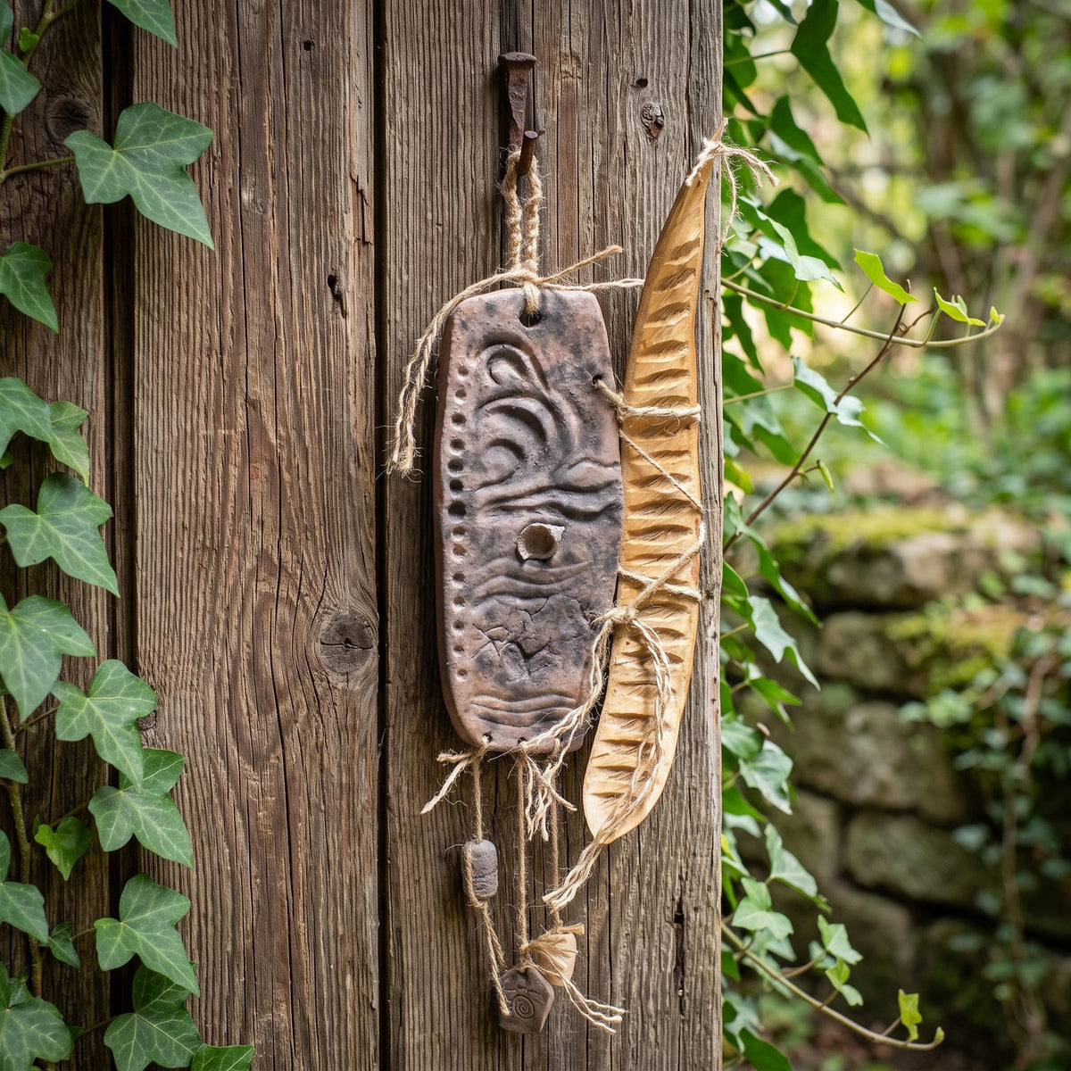 Gezeiten Wanddeko aus Keramik, Wandbehang mit fossiler Hornkoralle und Jacaranda Schote Frauenwunder, Unikat HEX063