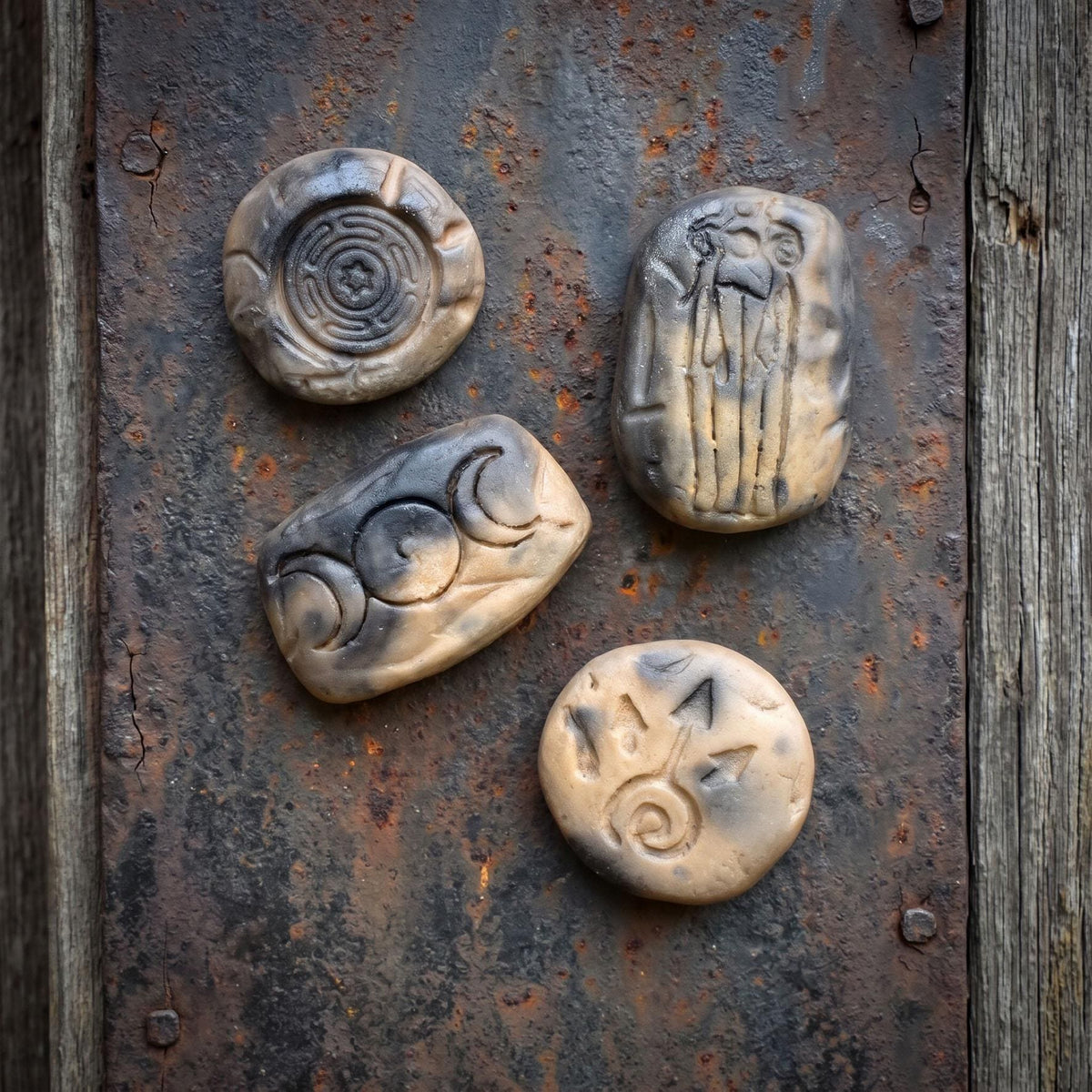 Kühlschrankmagnete Keramik 4er Set, Hekate Rad Neodym Magnete für Memoboard, Mondphasen Talisman Steine Unikat KÜH002