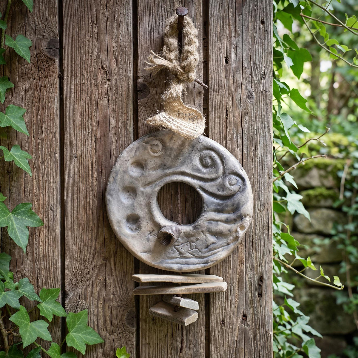 Hühnergott Wanddeko Keramik, Hagstone Wandbehang mit echten Fossilien und Treibholz, Schutztalisman Unikat HEX066